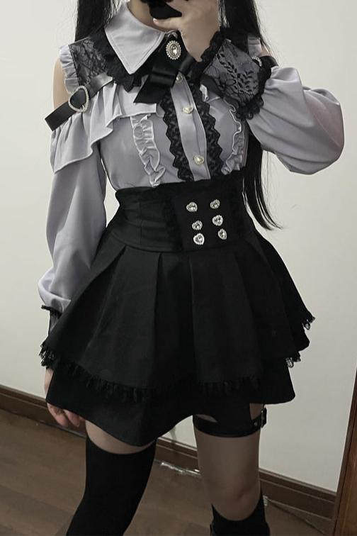 [Order Deadline: February 25] Jewel Ribbon Open Shoulder Punk Shirt + Skirt