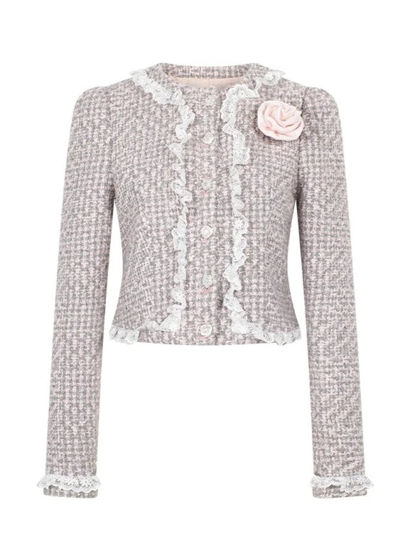 Ruffled Pink Tweed Rose Jacket + Ruffled Medium Skirt