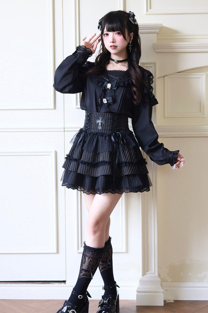 Sailor collar lace ribbon shirt