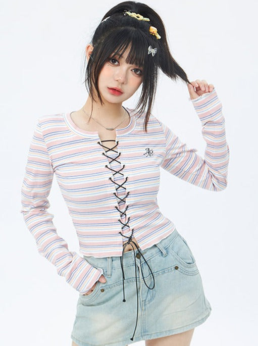 Lace-up pastel border top