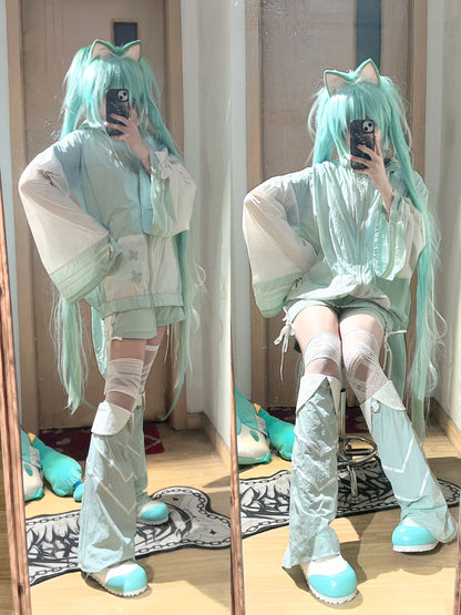 [Angel Neighborhood👼Aqua Angel Subculture Hooded Parka + Ribbon Shorts + Leg Warmers