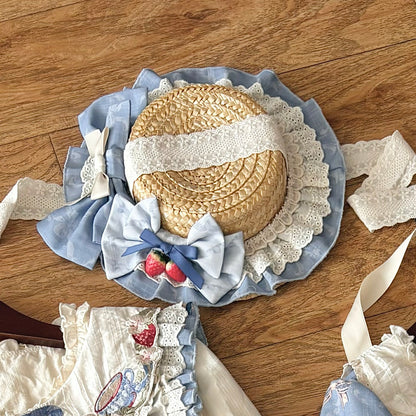 Rabbit Berry Embroidery Print Dress + Bonnet + Hat