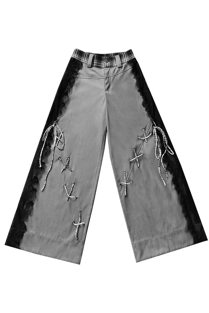 ダークバイカラーシークレットレースパッチワークパンツ