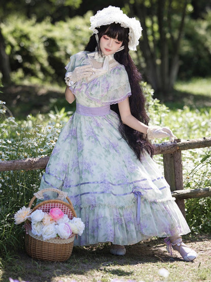 Blue Flower Garden Lolita Dress + Lace Sleeves