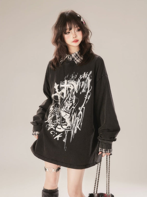 ラウンドネックプリントルーズダークトップス