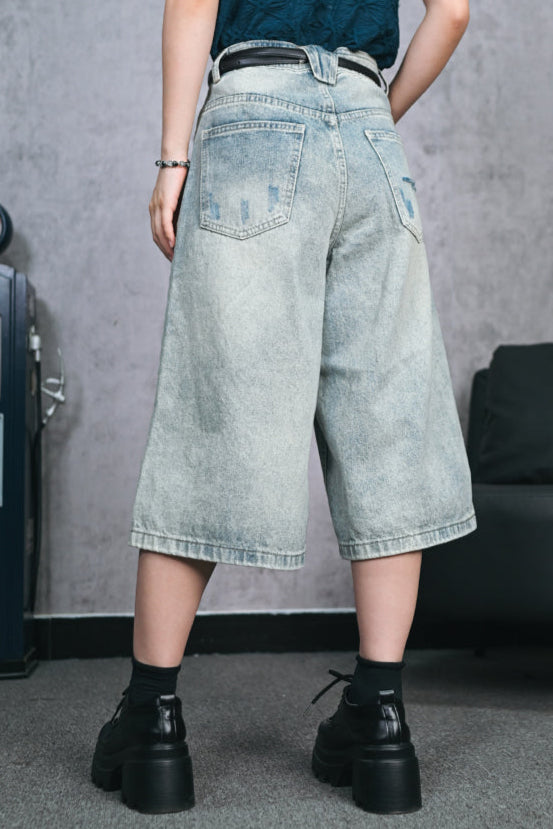 ダメージハーフデニムワイドレッグパンツ