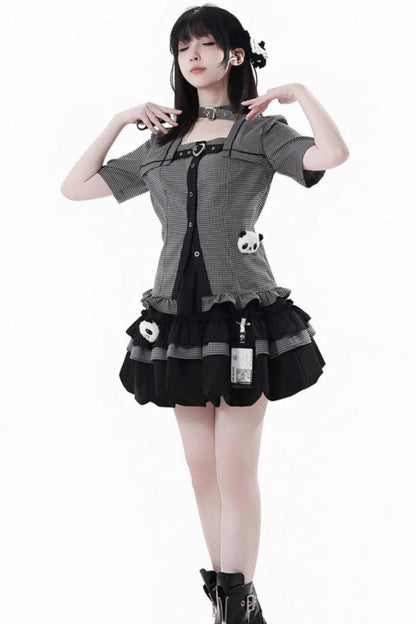 Plaid College Shirt + Shirt + Puff Skirt