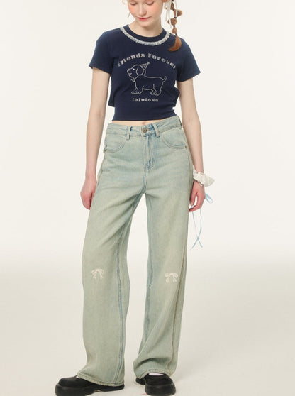 Pointed ribbon design loose denim pants