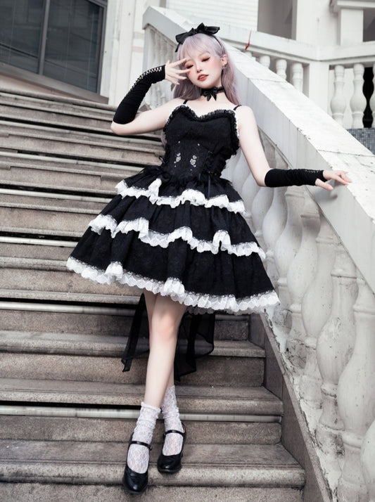 Pink Kapok Girl Original Embroidery Gothic Dark Princess Three-part Lolita Skirt Gorgeous Dress Black and White
