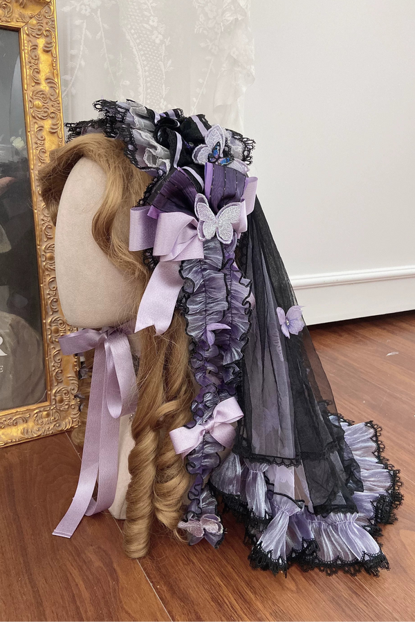 [Pre-order Deadline: August 29] Purple x Black Dark Gothic Butterfly Series Accessories (Gorgeous Witch Hat, Hairband with Veil, Wrist Cuffs, Pair of Hair Clips, Back Ribbon Train)