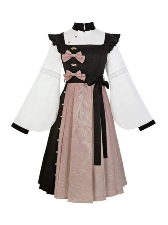 China Bow Suspender Skirt + Balloon Sleeve Blouse