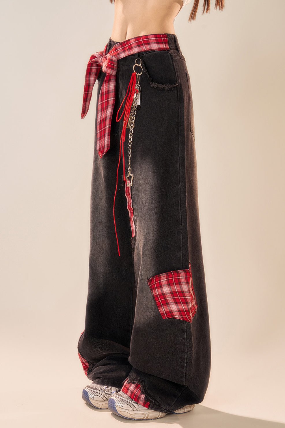 Patchwork check Wide leg jeans