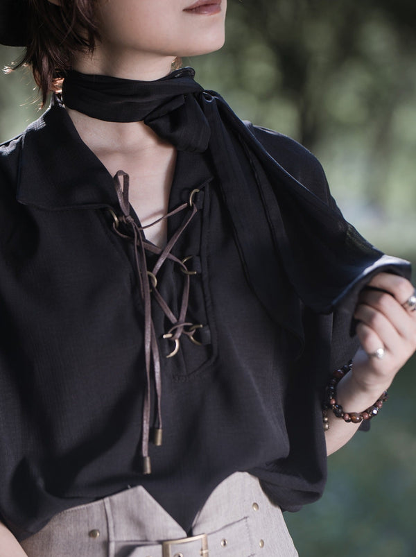 スチームコンチネンタルレトロパイレーツブラックシフォンルーズラペルストラップシャツ