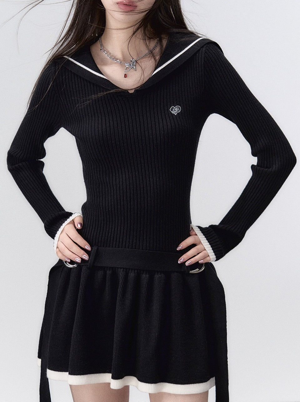 Navy Color Dark Pattern Knit Sailor Dress