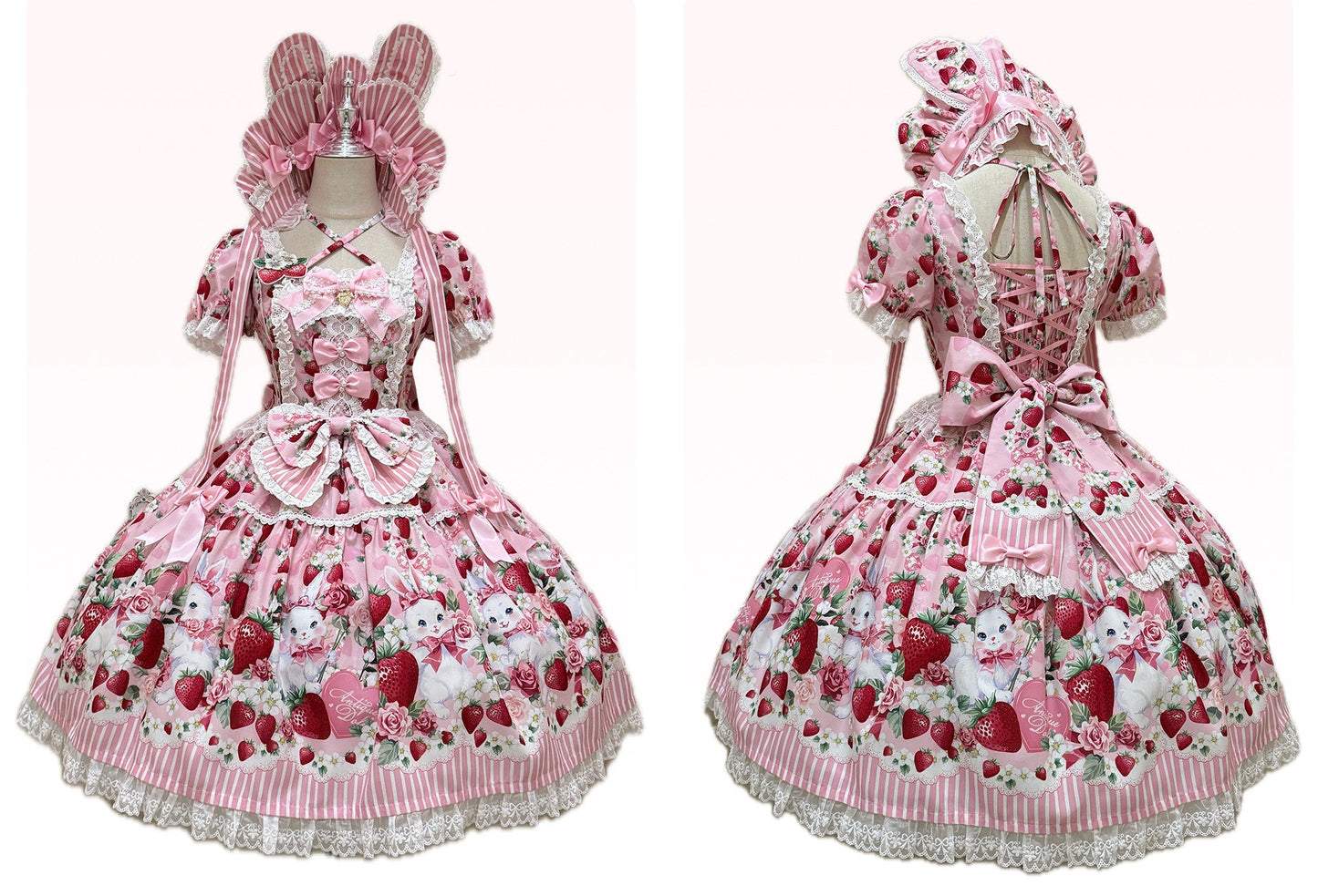[Pre-order Deadline: April 29] Strawberry Rabbit Print Lace Ribbon Sweet Dress + Complete Set