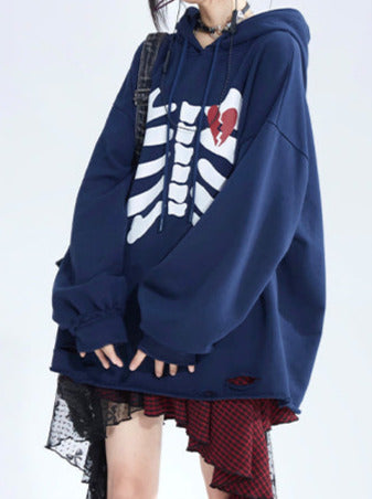 Skull Love Print Hooded Sweatshirt Oversized Pullover