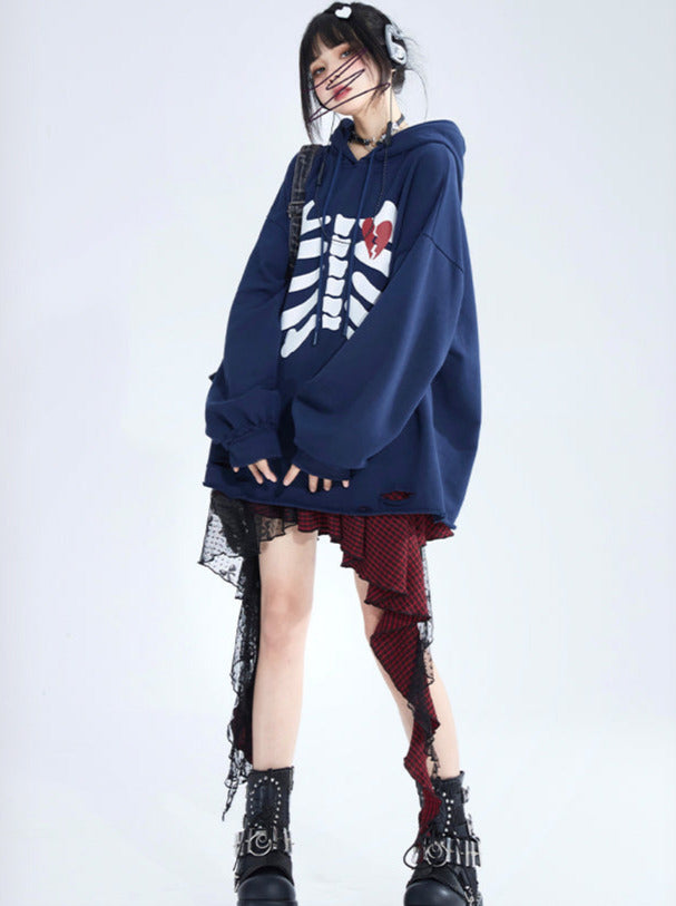 Skull Love Print Hooded Sweatshirt Oversized Pullover