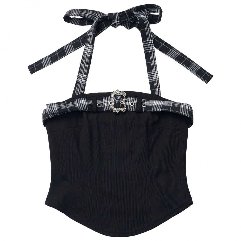 ホルターネックベスト+ルーズトップス+チェックスカート+レッグウォーマー