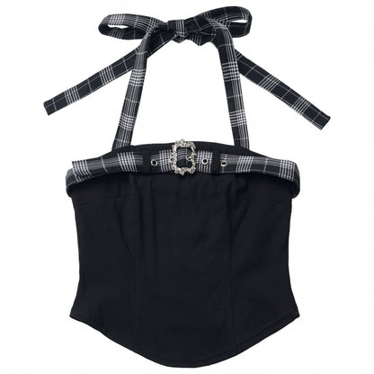 ホルターネックベスト+ルーズトップス+チェックスカート+レッグウォーマー