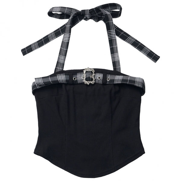 ホルターネックベスト+ルーズトップス+チェックスカート+レッグウォーマー