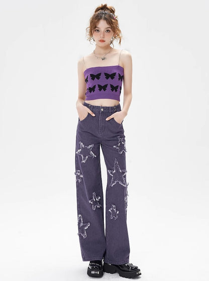 Sweet Spicy Purpul Bata Fly Chain Suspender Knit Tops