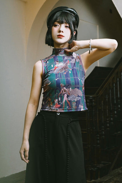 プリントメッシュハイネックノースリーブトップス