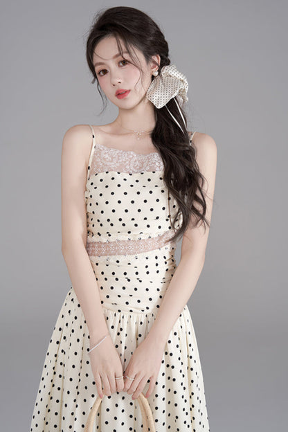 ドットレースフレンチロングキャミソールドレス+ドットシュシュ