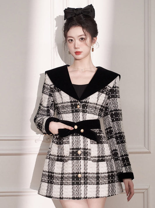 Small fragrance navy collar woolen coat female small man autumn and winter sense of luxury rich daughter thickened plaid coat