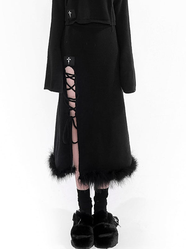 Cross Strap Real Feather Beauty Knit Long Skirt