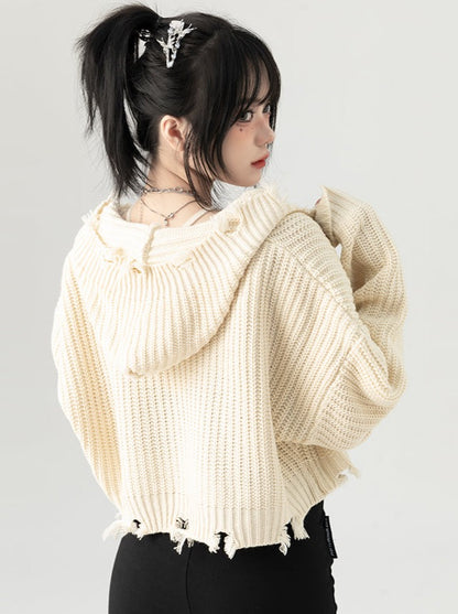 Loose hooded short zip-up knit