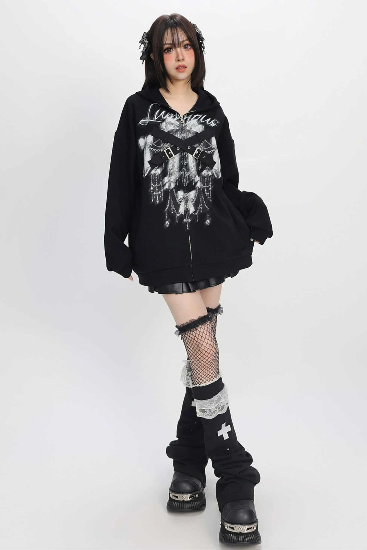 シャイニングガールフリースライトアジアンフード付きパーカー