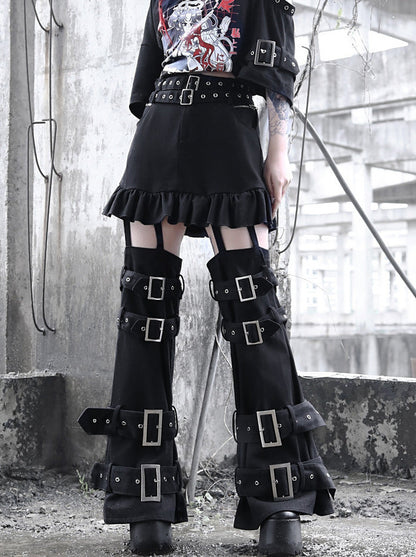Dark Punk Splicing Breasted Detachable Faux Two Piece Culottes