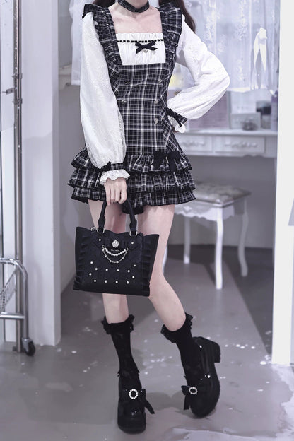 [Pre-order Deadline: September 15] Black Check Frill Ribbon Long-Sleeve Mini Dress Set-Up + Choker
