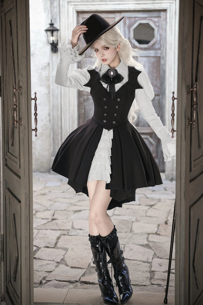 [Pre-order Deadline: October 29] Gothic Vampire Butler White Lace Flare Sleeve Shirt + Bat Collar Ruffle High-Low Lolita JSK Dress Set + Jewel Bow Tie