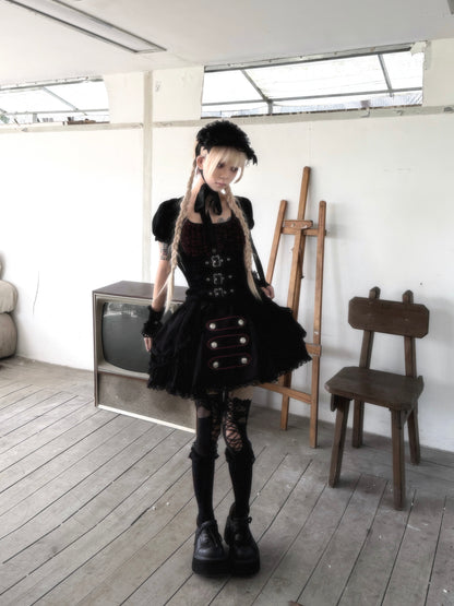 Original from Jiuyu Market: Black and Red Plaid Puff-Sleeve Knit Top with Military-Style Mesh Cake Skirt Set