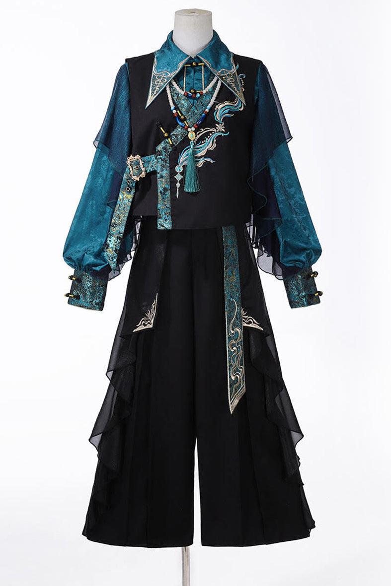 Ruan china top + vest + wide-leg pants + necklace