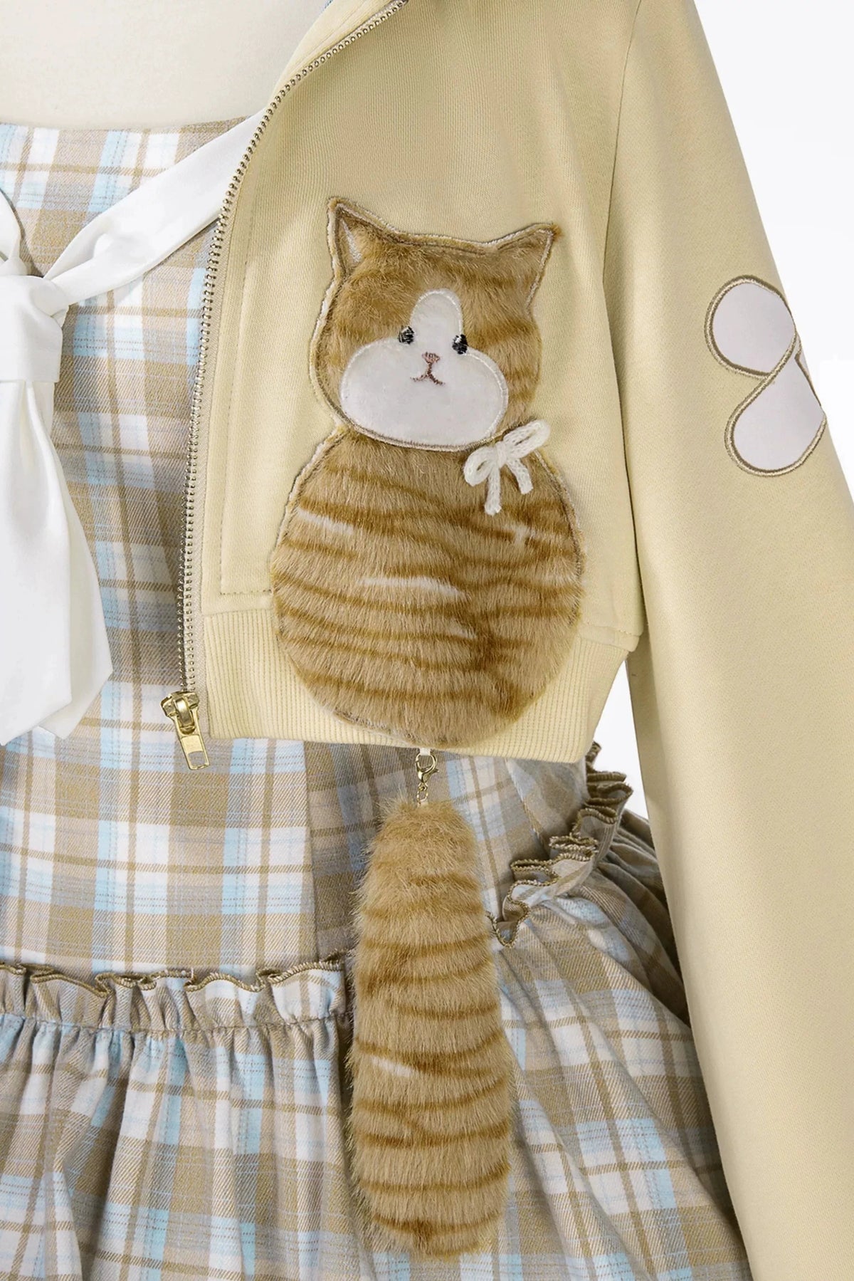 【10月27日予約締切】Yellow &amp; Blue Cat Motif&nbsp; Long-Sleeve Cropped Zip-Up Hoodie + Check Ribbon Sleeveless Dress Set with Fur Cat Tail Decoration