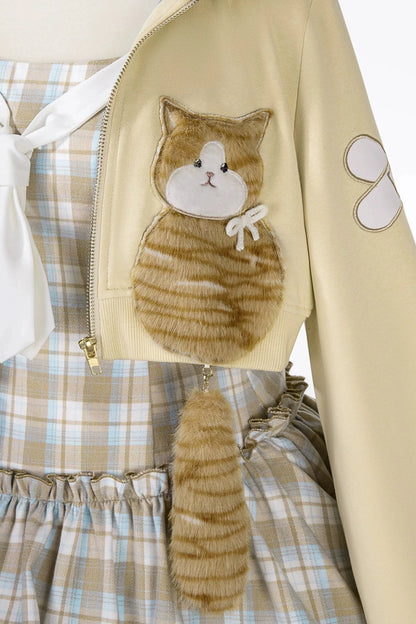 【10月27日予約締切】Yellow &amp; Blue Cat Motif&nbsp; Long-Sleeve Cropped Zip-Up Hoodie + Check Ribbon Sleeveless Dress Set with Fur Cat Tail Decoration