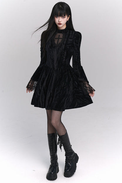 Retro Gothic Black Velvet Dress