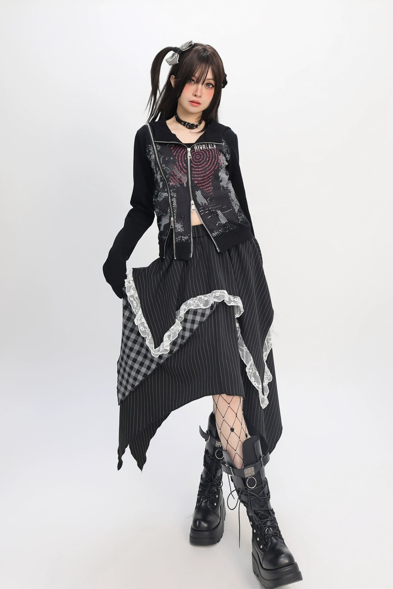 パッチワークアシメストライプチェックレーススカート