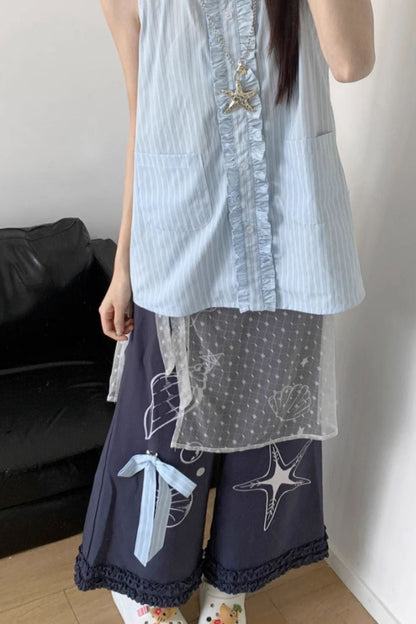Gestreiftes Strandhemd + ärmelloses Hemd + Overshirt + Rock + weite Hose + Jeansrock