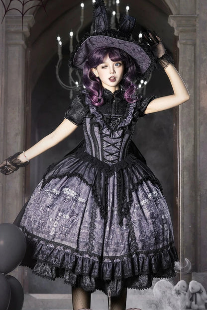 【10月30日予約締切】Purple Black Gothic Lolita Witch Print Frill Bustier Dress