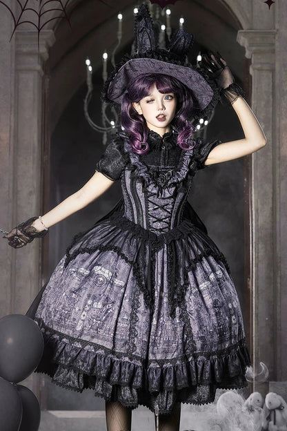 【10月30日予約締切】Purple And Black Gothic Lolita Dress Complete Set [Bunny Ear Hat Version/Witch Hat Version] (Witch Print Bustier Dress + Black Short-Sleeved Blouse + Bat Wing Back Train + Detachable Princess Sleeves)