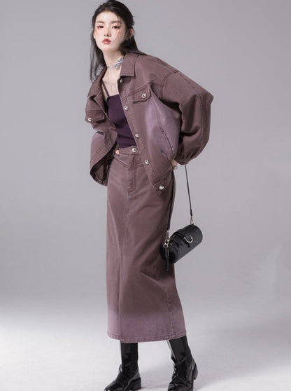 Gradient Wash Plum Denim Jacket + Slit Skirt