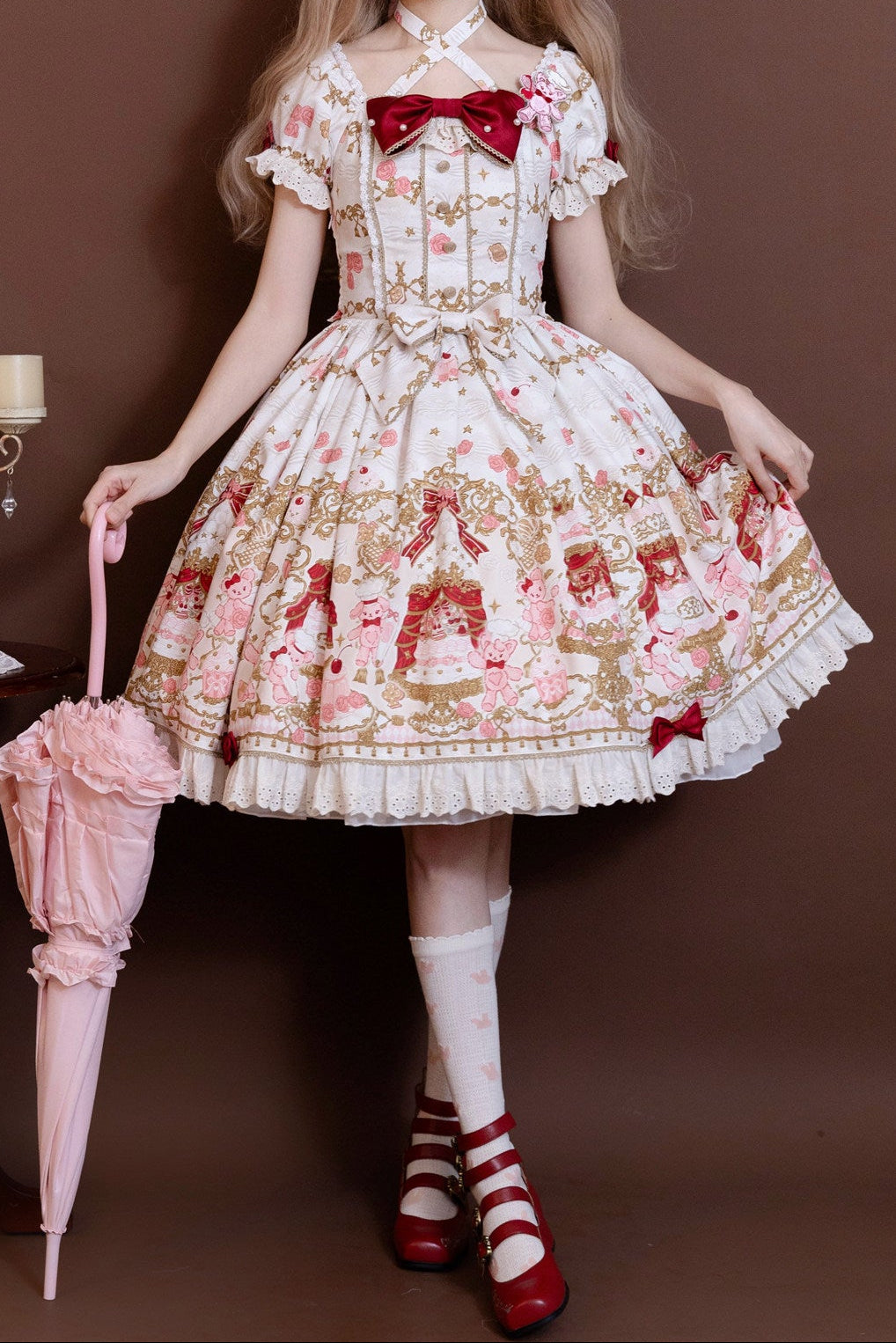 【4月26日予約締切】レトロロマンスイートロリータリボンケーキプリントホルターネックドレス