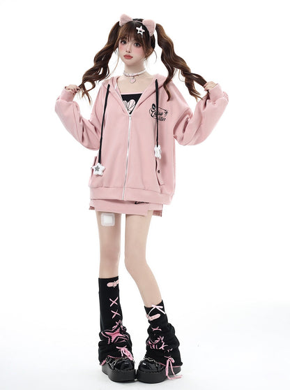 Small Man Hooded Zipper Hoodie + Casual Tight Skirt