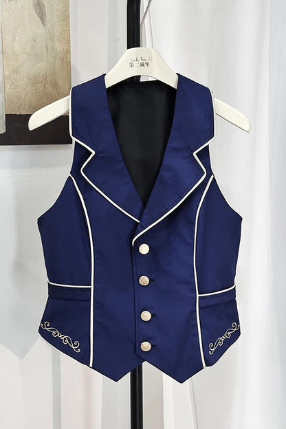 [Date limite de réservation : 13 septembre] Ensemble élégant prince bleu foncé/blanc en quatre pièces [chemise à volants, gilet, short, 4 rubans]