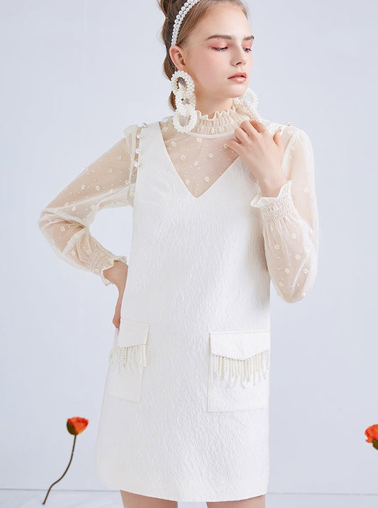 Jacquard Vest Imitation Pearl Sleeveless Dress