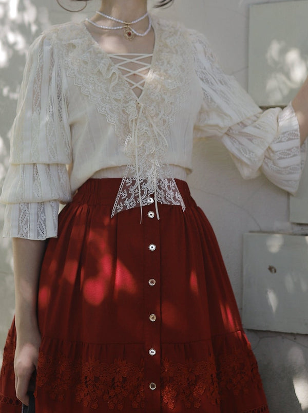 Solid Color Cotton Race Lolita Shirt