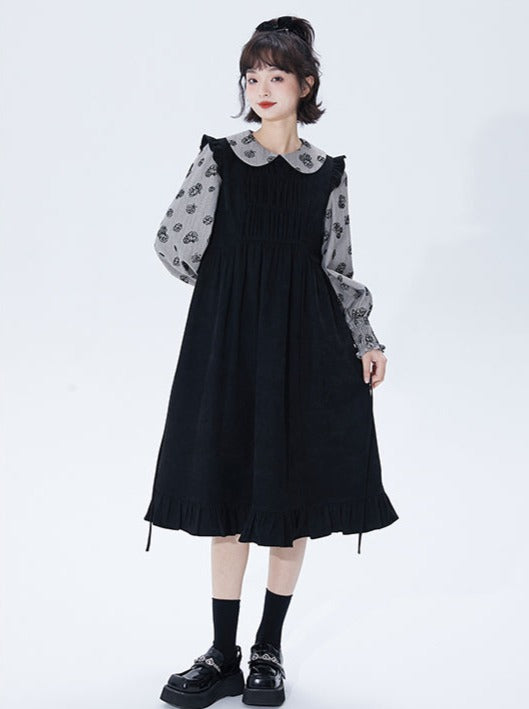 Black Splicing Faux Two Piece Doll Collar Middle Dress